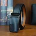 Men's Genuine Leather Ratchet Belt with American Flag Automatic Buckle – Sleek Black & Brown Dress Belt, Zinc Alloy Clasp, Adjustable Fit 30"-44", Perfect for Formal, Business & Casual Wear
