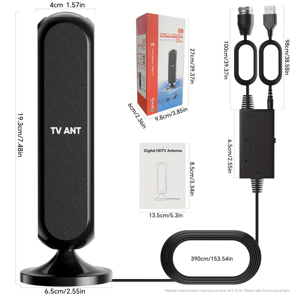 Indoor TV Antenna 200 Mile Range – 4K 1080P HD Signal Amplifier, 360° Reception, 16ft Cable, Free Local Channels, No Monthly Fee, Compatible with All TVs