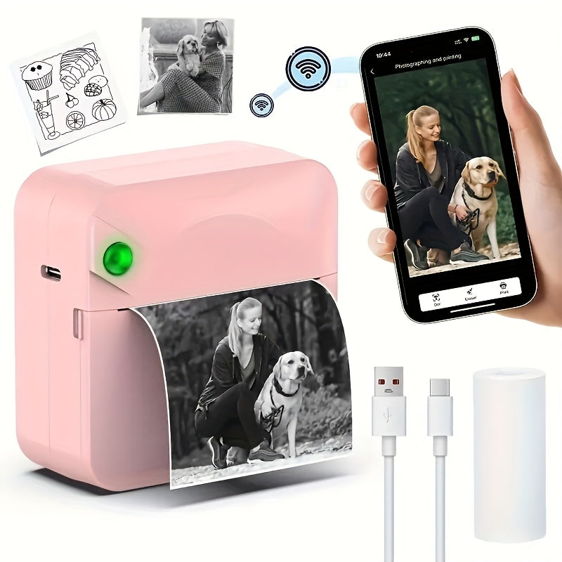 Portable Wireless Bluetooth Thermal Printer Mini Pocket Printer Ink-Free for Smartphones Photos Notes Stickers Diaries Memos Includes Thermal Paper Roll