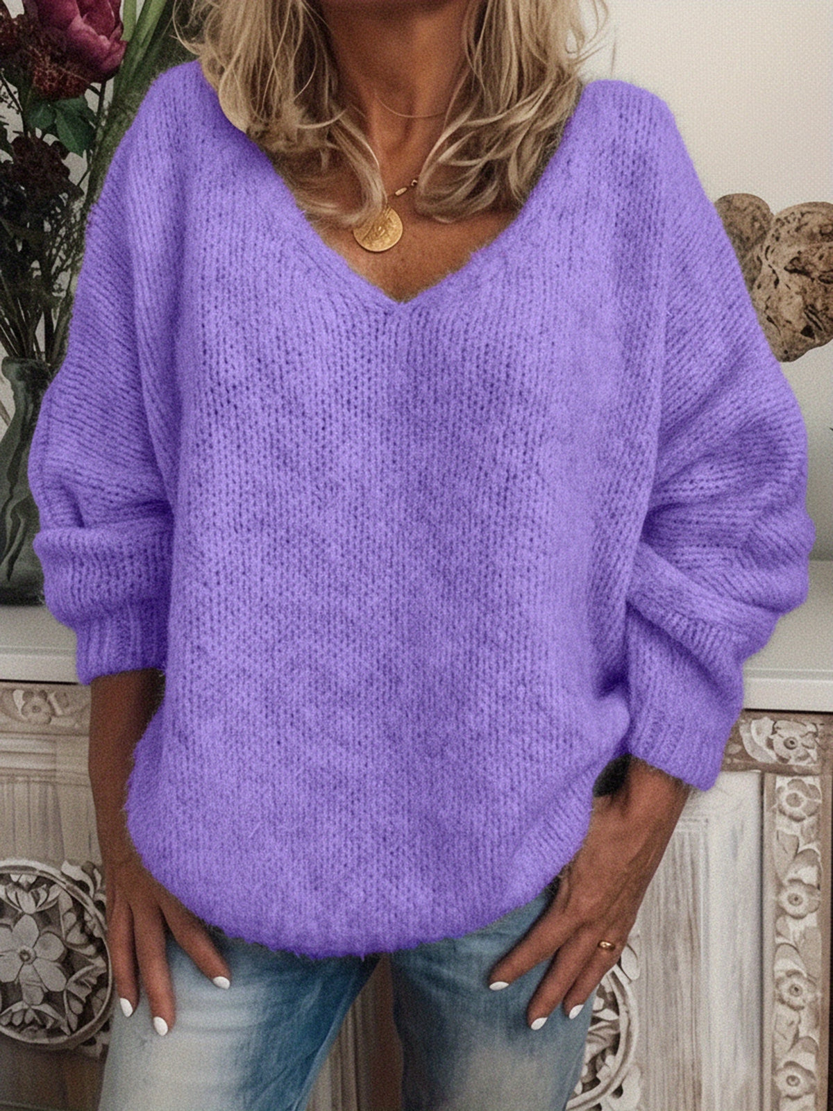 Women's V-Neck Drop Shoulder Loose Pullover Sweater – Solid Color Relaxed Fit Long Sleeve Knit Top in 15 Colors for Spring & Fall