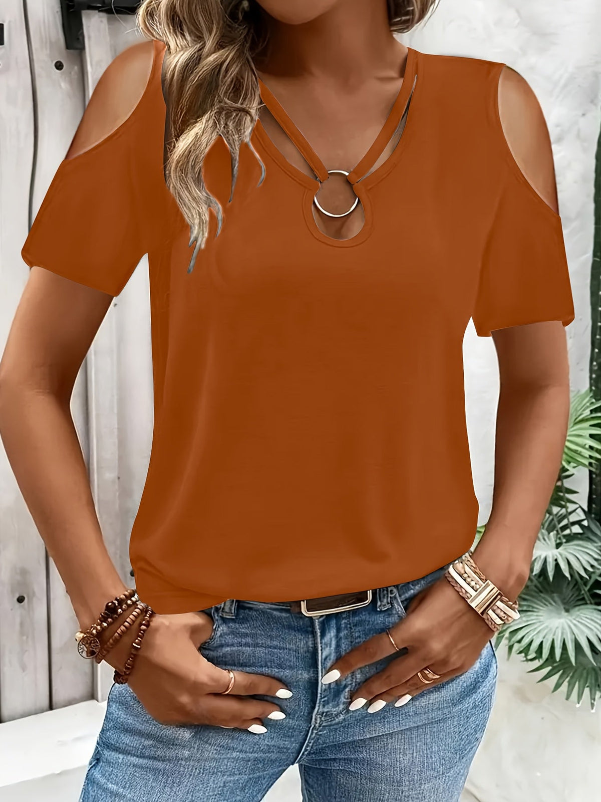Women Off Shoulder Short Sleeve T-Shirt Solid Color Crew Neck Stretch Knit Spring Summer Casual Top Black White Burgundy Blue Olive Green Chocolate S M L XL XXL