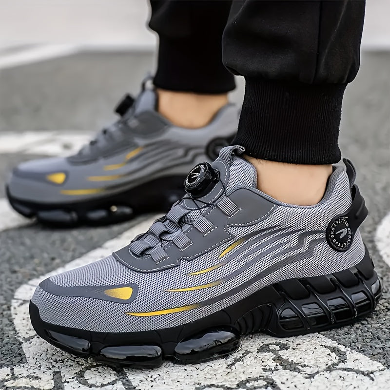 Men's Breathable Work Shoes - Durable Safety Shoes with Reflective Stripes, Lightweight Cushioned Sole for Industrial, Construction and Casual Wear, Available in Black and Grey, Sizes US 6 to 11