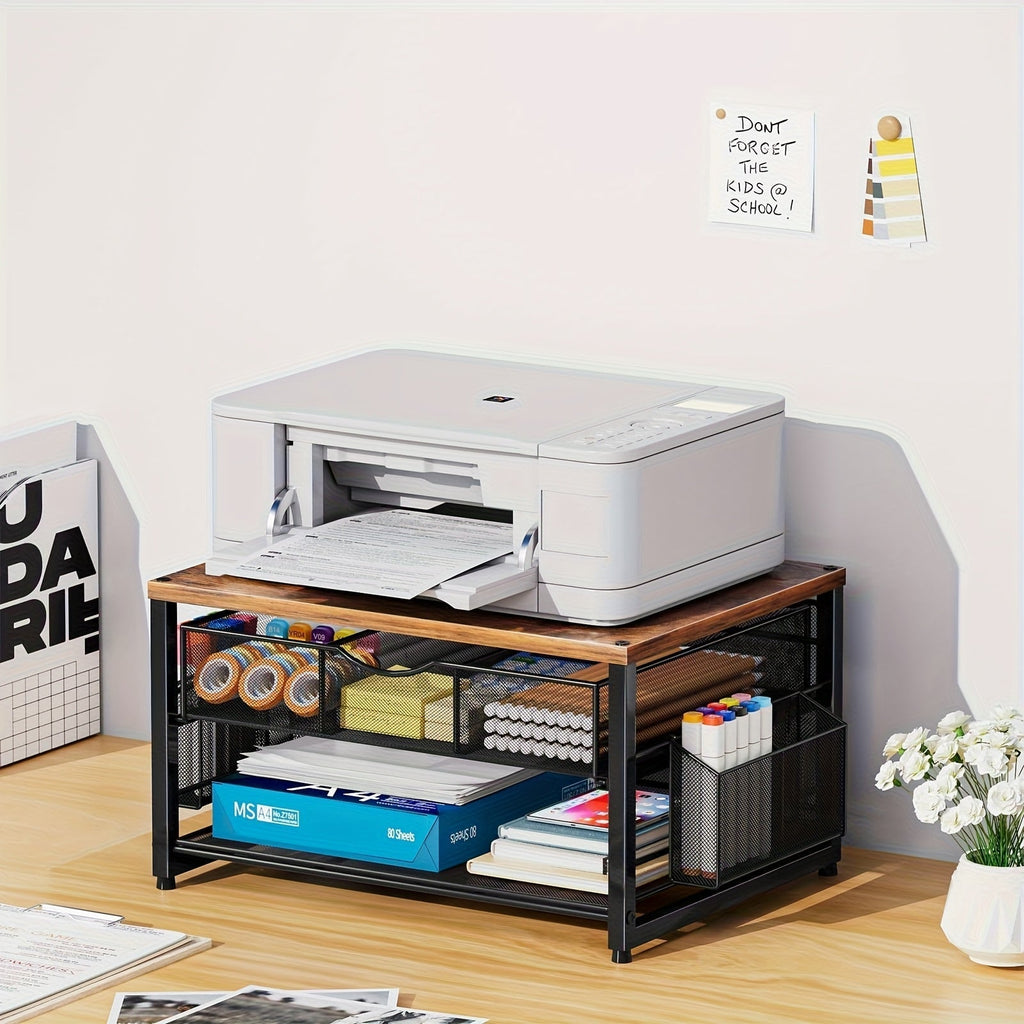 Metal Printer Stand for Desk with Storage Drawer & 2 Pen Holders – 2-Tier Desktop Organizer for Home Office, Multi-Purpose Printer Table for Fax Machine Scanner Files, Wood & Black