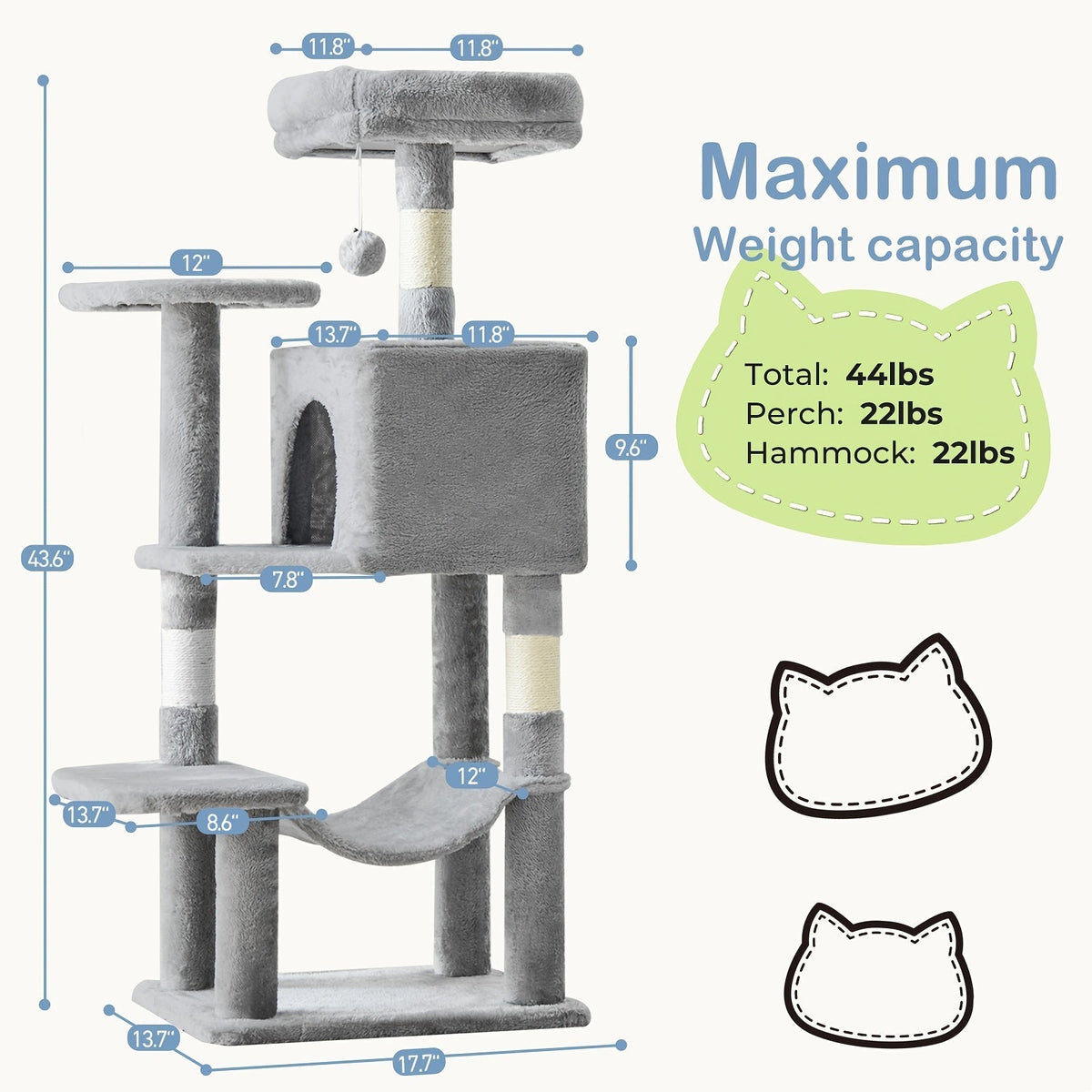 44-Inch Cat Tree Tower with Condo & Hammock – Natural Sisal Scratching Posts, Multi-Level Perches & Pet House for Indoor Cats, Available in Beige, Gray, Pink & Black/Red