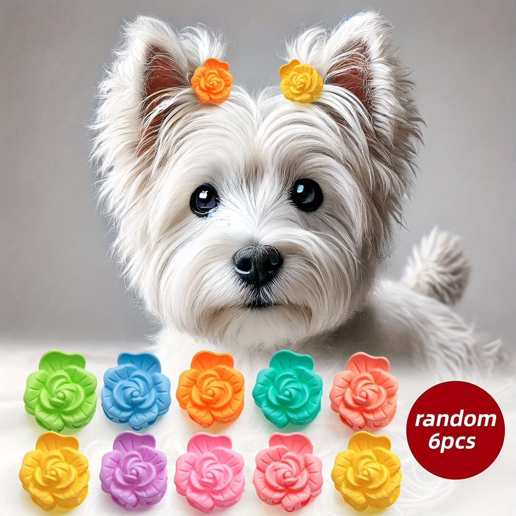 Peony Flower Dog Hair Clips Set of 6 – Cute Grooming Bow Hair Accessories for Small Dogs, Yorkshire Terrier, Bichon, Teddy, Maltese & Westie, Random Colors
