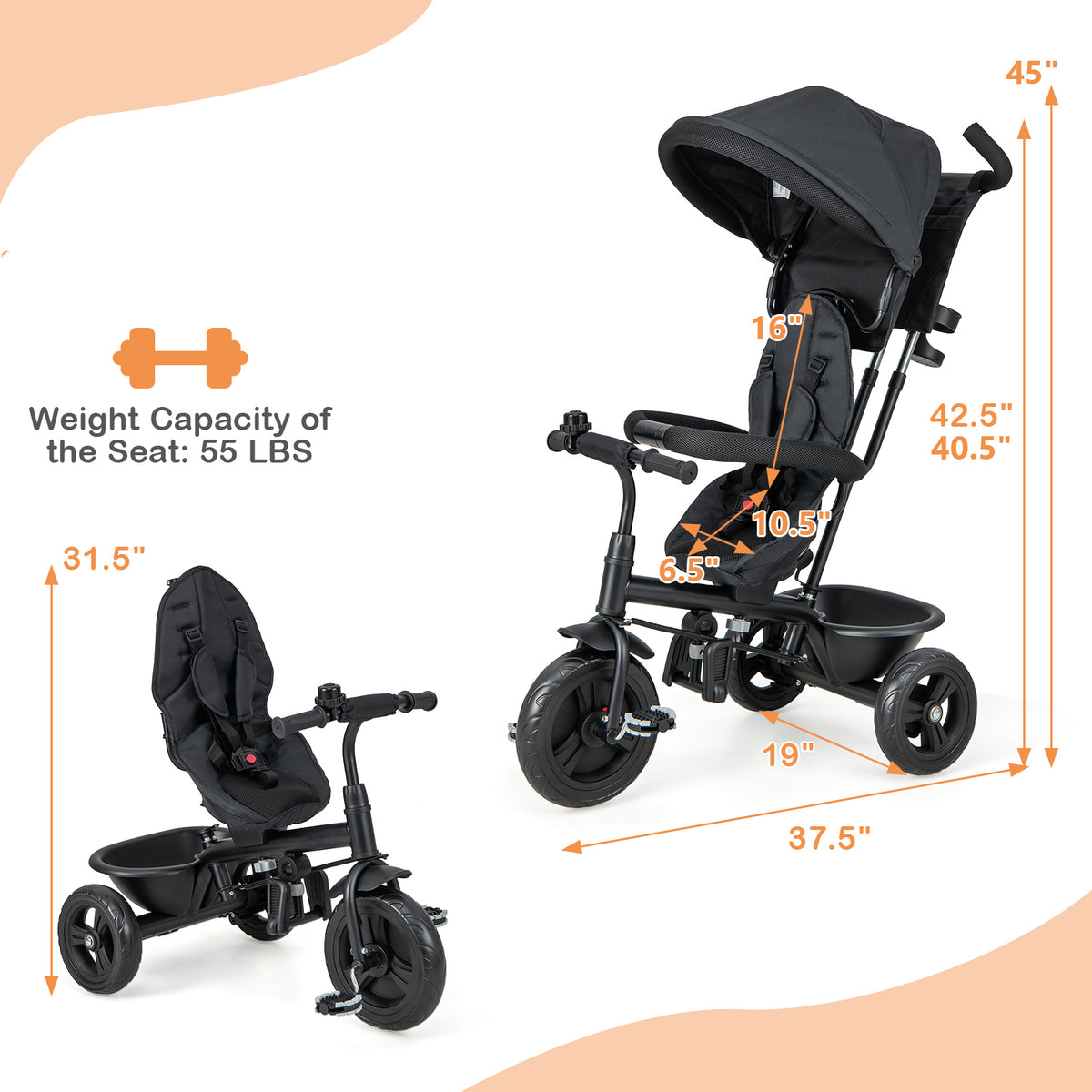 Foldable Tricycle Stroller, 4-in-1 Trike with Parent Push Handle, Removable Canopy, Reversible Seat, Safety Harness and Storage for Kids Age 10 Months to 5 Years Old, Black