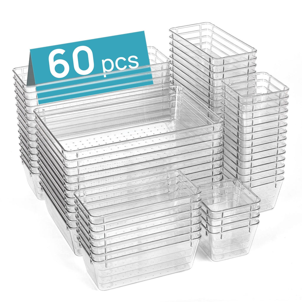 Clear Plastic Drawer Organizer Set 44 or 60 Pcs 4 Sizes Non-Slip Vanity Organizer Trays for Makeup Jewelry Bathroom Bedroom Kitchen Office