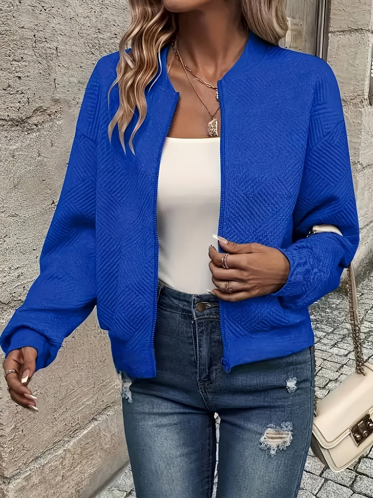 Women's Baseball Collar Zipper Jacket - Solid Color Casual Outerwear | Rib-Knit Polyester Lined Sporty Coat Fall Spring Fashion New Arrival