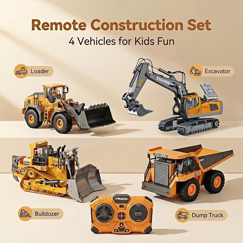 RC Construction Vehicle Set 2.4G 12-Channel Remote Control Excavator Dump Truck Bulldozer Loader Alloy Plastic Kids Toy Engineering Car STEM Gift Boys Birthday Christmas