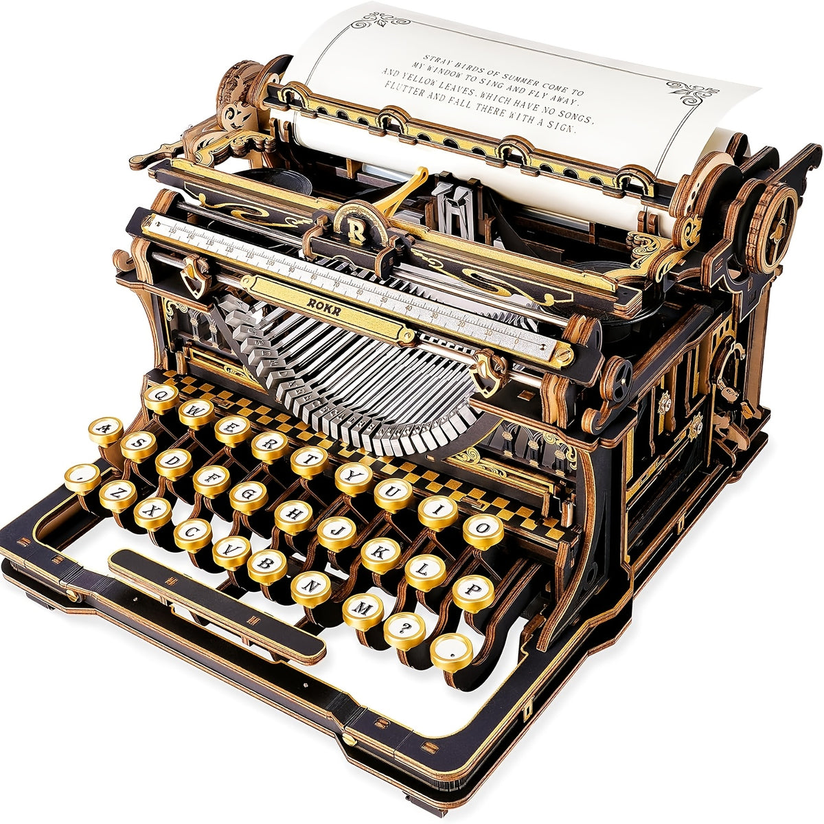 ROBOTIME 3D Wooden Mechanical Typewriter Model Kit - Vintage Retro Assembly Puzzle for Adults & Teens 14+, DIY Wood Craft Desktop Decor | Unique Gift Idea for Home Office | Black Gold & Fairy Tale Edition