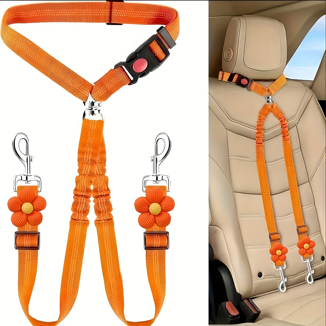 Double Dog Car Seat Belt Dual Pet Safety Restraint Headrest Elastic Bungee Leash Splitter No-Tangle Adjustable for 2 Dogs Vehicle Travel Black Blue Red Orange