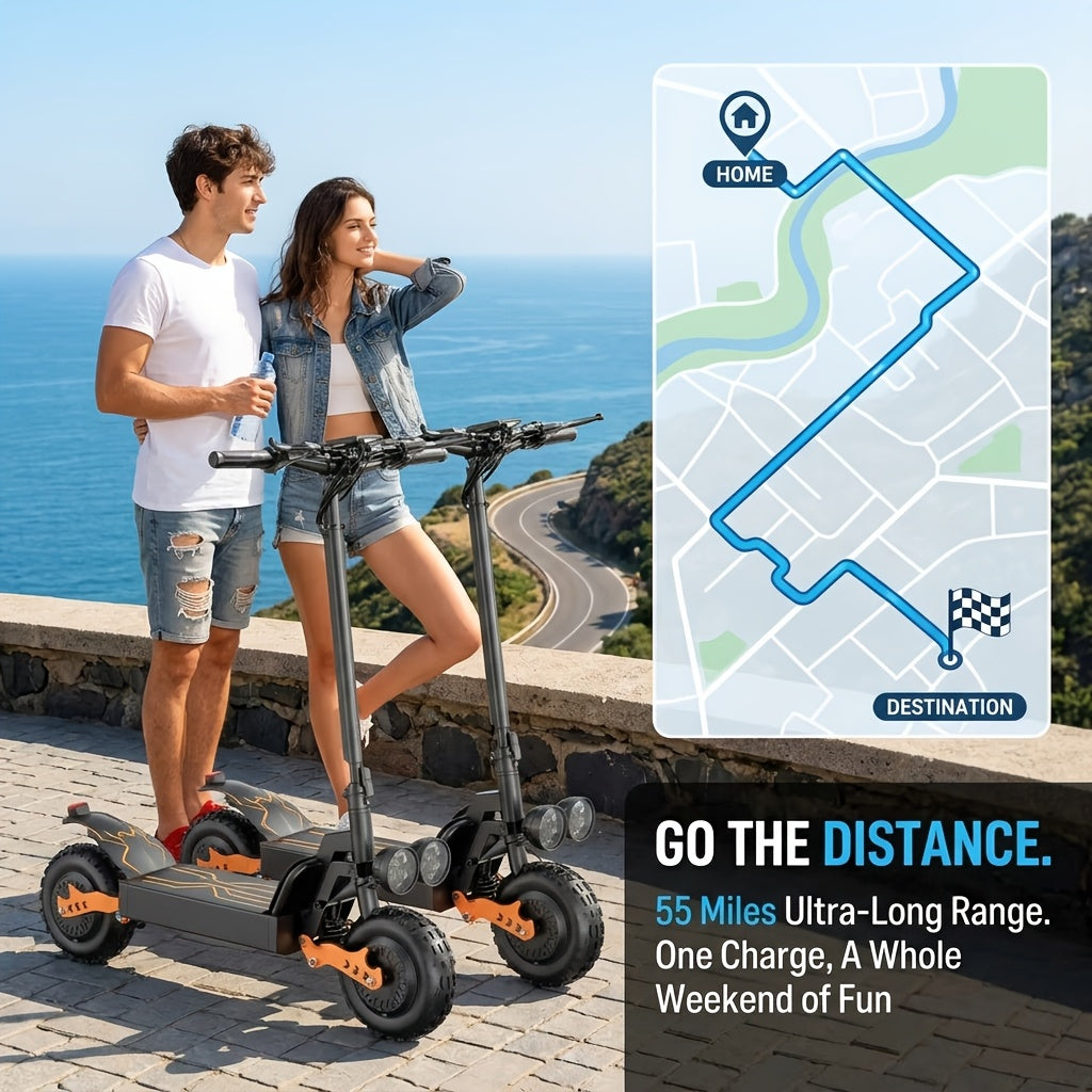 LOVEBike GT28 Dual Motor Foldable Electric Scooter for Adults – 54.6V 30Ah Battery, 55-Mile Range, Fat Tire Off-Road E-Scooter with Dual Headlights, 60 lbs