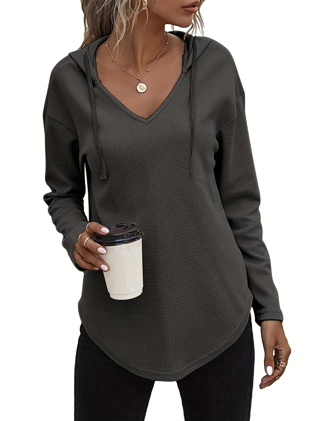 Women's Hanky Hem V-Neck Drawstring Hoodie Sweatshirt - Casual Long Sleeve Knit Hooded Pullover for Fall Winter