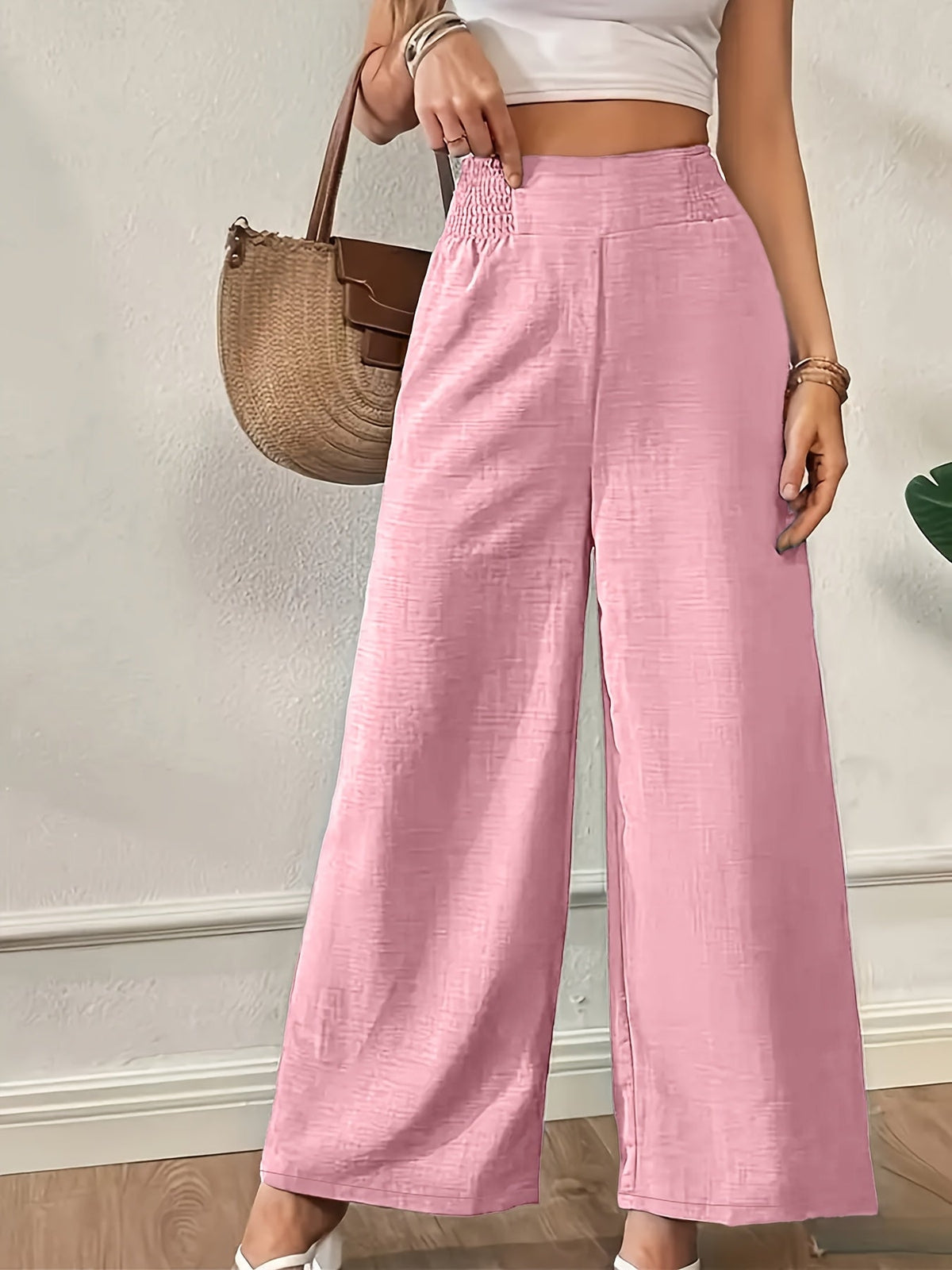 Women's High Waist Wide Leg Pants Elastic Waist Straight Leg Trousers | Elegant Casual Office Formal Wear Light Blue Black Navy Pink S M L XL XXL