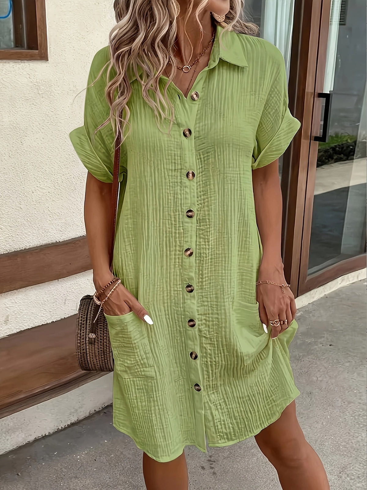 Women's Solid Color Lapel Collar Button-Down Sleeveless Shirt Dress – Breathable Knee-Length Vintage Flutter Sleeve Casual Dress for Spring Summer