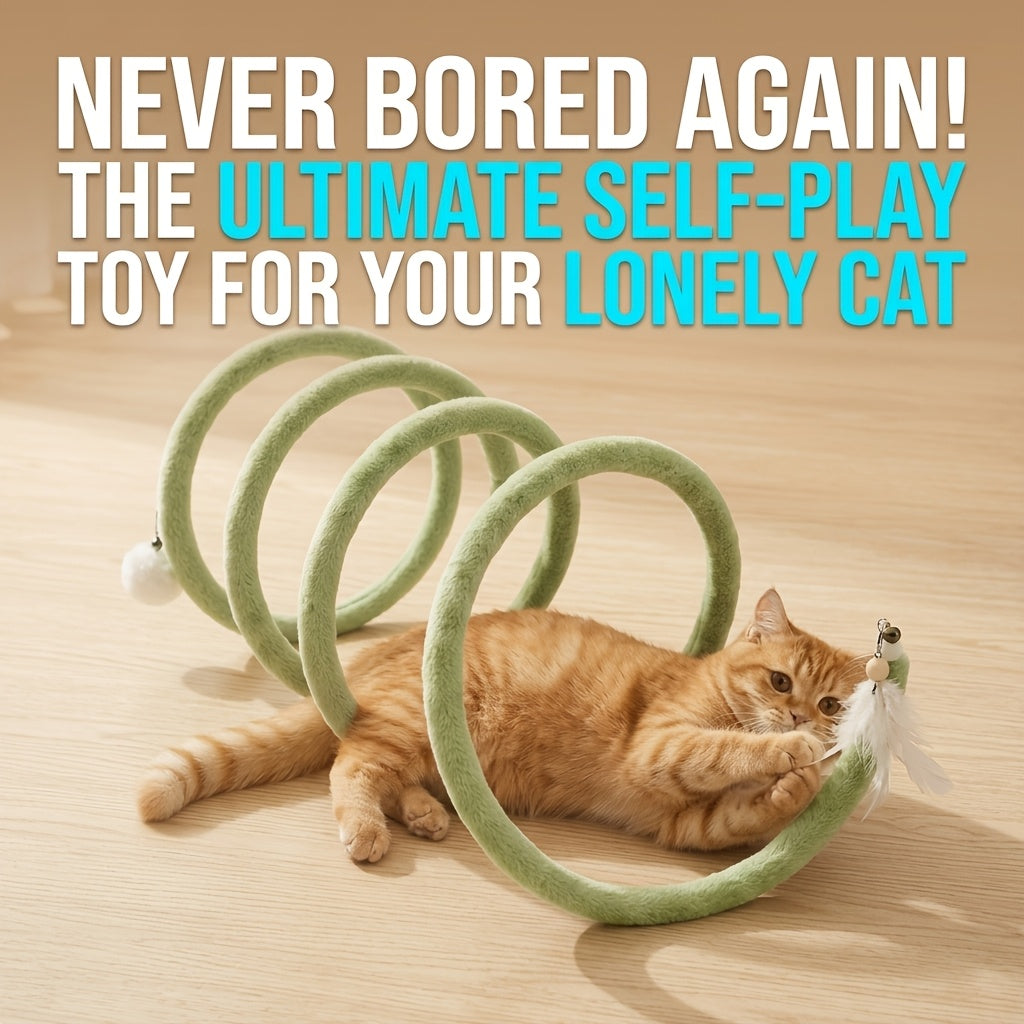 Foldable Cat Tunnel Toy with Feather Pom-Pom Pendant – Coiled Spring Interactive Cat Play Tube, Plush Self-Entertainment Cat Stick for Indoor Cats, Collapsible Pipe for Large Medium & Small House Cats