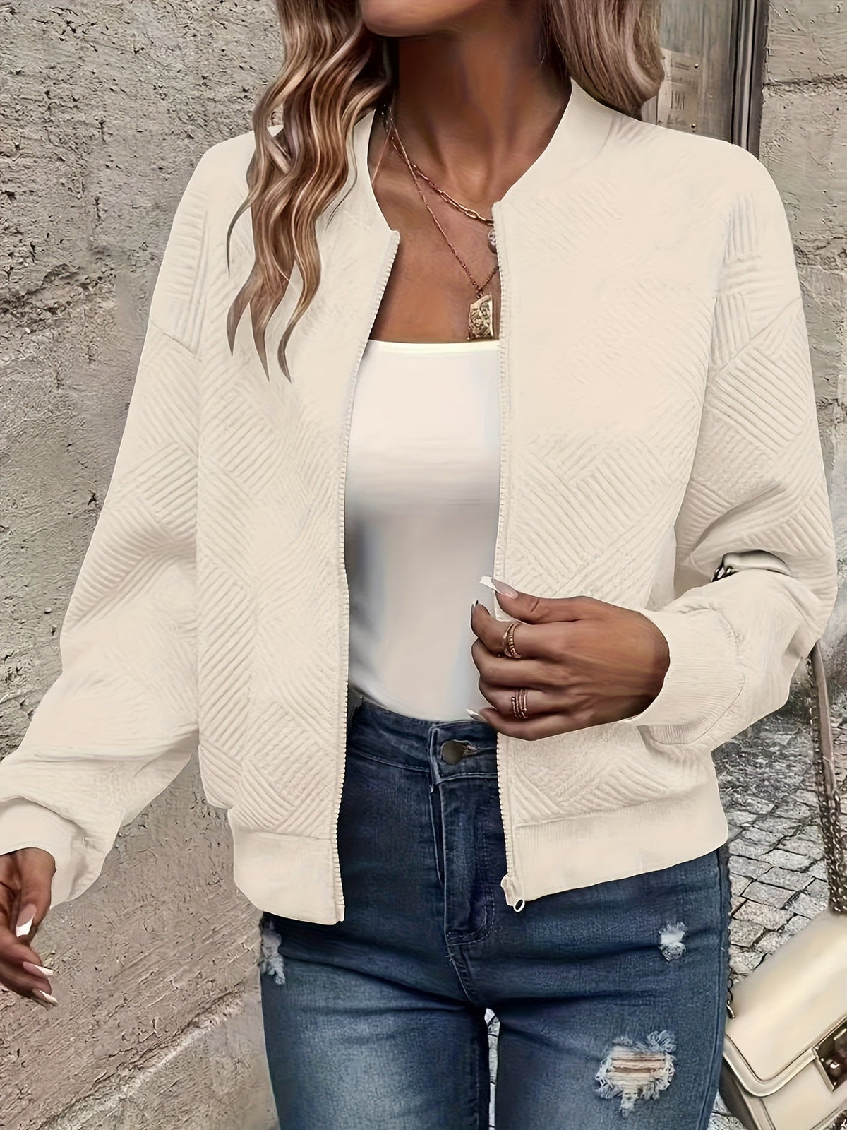 Women's Baseball Collar Zipper Jacket - Solid Color Casual Outerwear | Rib-Knit Polyester Lined Sporty Coat Fall Spring Fashion New Arrival