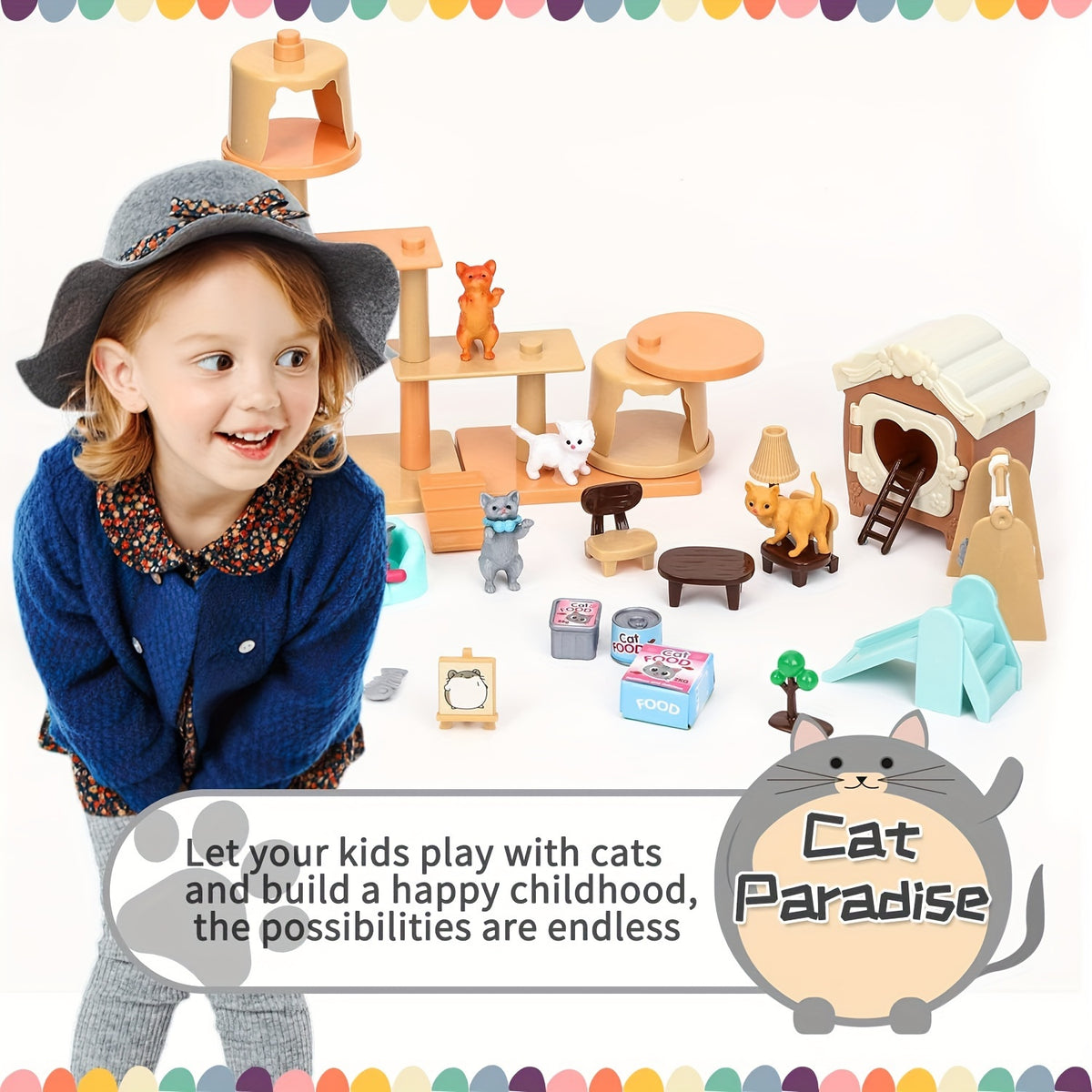 Cat Figures Playset Toys for Kids - Interactive Kitten Role Play Care Center for Girls & Boys Ages 3 4 5 6, Realistic Pretend Play Cat Set with Accessories, Birthday Gift for Cat Lovers