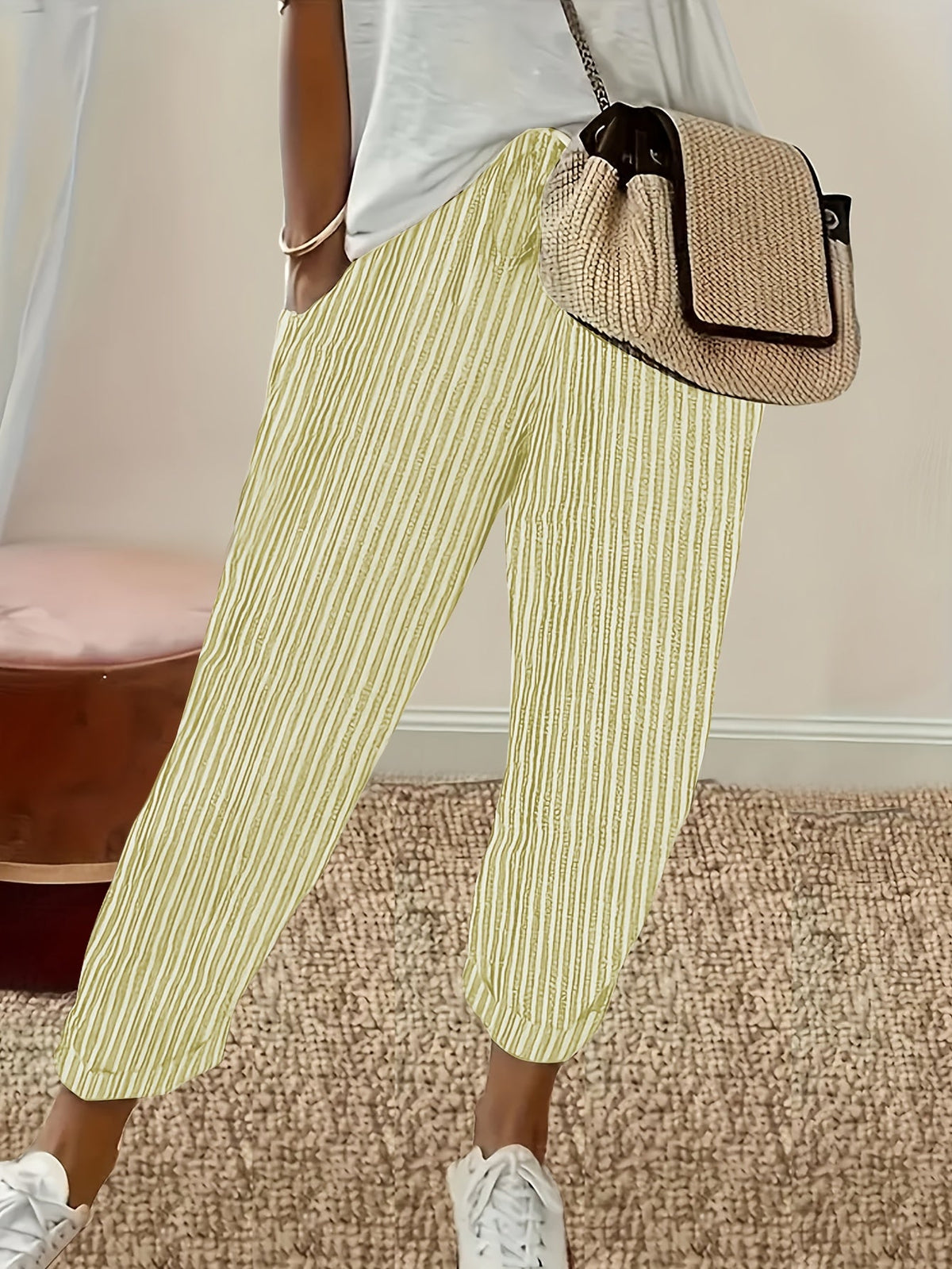 Women's Striped Casual Loose-Fit Ankle Pants - Relaxed Vacation Style Trousers with Pockets, Lightweight Polyester Fabric, Perfect for Summer Travel, Beach Outings & Everyday Wear | S-XXL