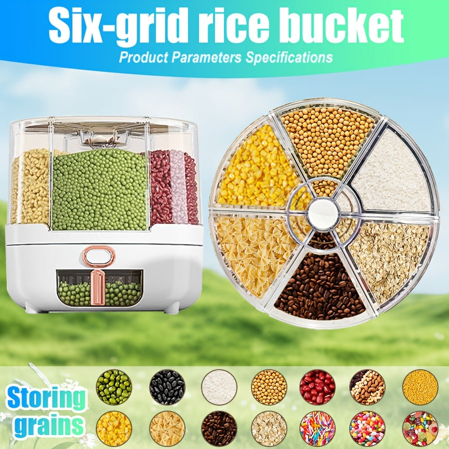 Rotating Cereal Dispenser 6-Grid Large Capacity Airtight Rice Storage Container, Moisture-Proof Insect-Proof Grain Dispenser with Transparent Window & Press Button, Food-Grade PP for Rice Grains Flour