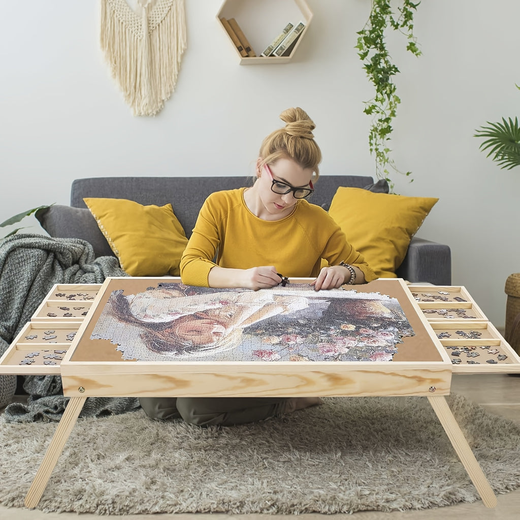 Wooden Jigsaw Puzzle Table with Folding Legs - 4 Drawers & 16 Sorting Grids, Portable Puzzle Board for 1000 Piece Puzzles, Natural Wood Storage & Organization Tray for Adults & Kids, Home & School