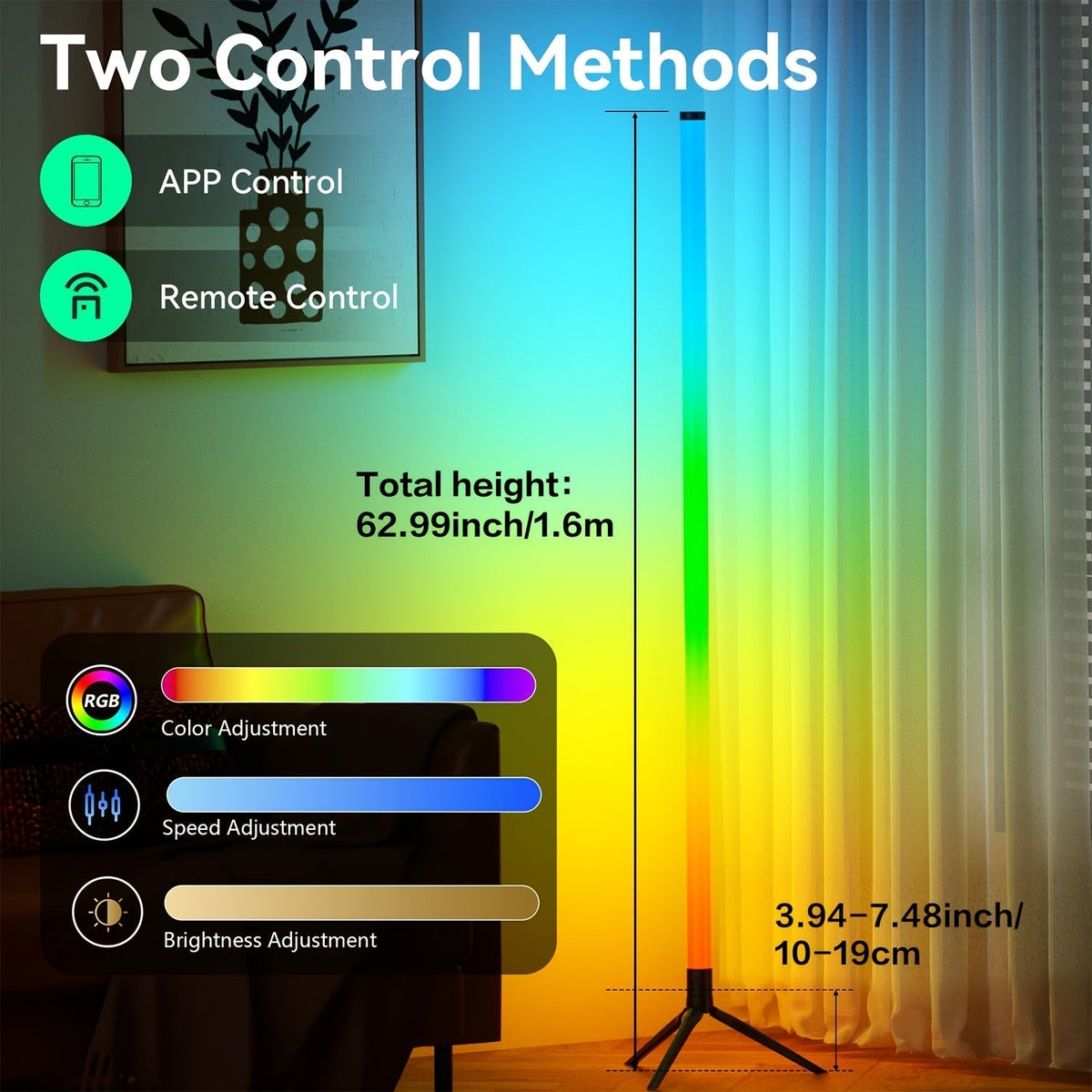 RGB Corner Floor Lamp 16 Million Colors Music Sync, APP & Remote Control, 300+ Effects, 2700K-6000K Dimmable Smart Standing Light for Living Room Bedroom Gaming Room