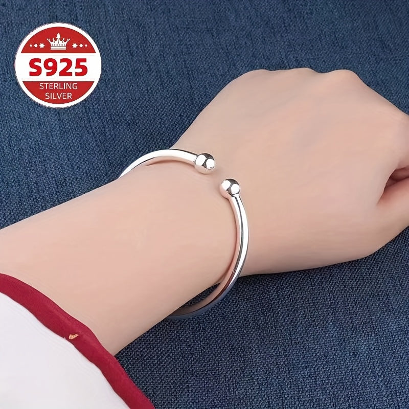 S925 Sterling Silver Pearlescent Bead Open Cuff Bracelet for Women – Adjustable Elegant Fashion Bangle, Hypoallergenic Daily Wear, Perfect Valentine’s Day, Mother’s Day & Birthday Gift