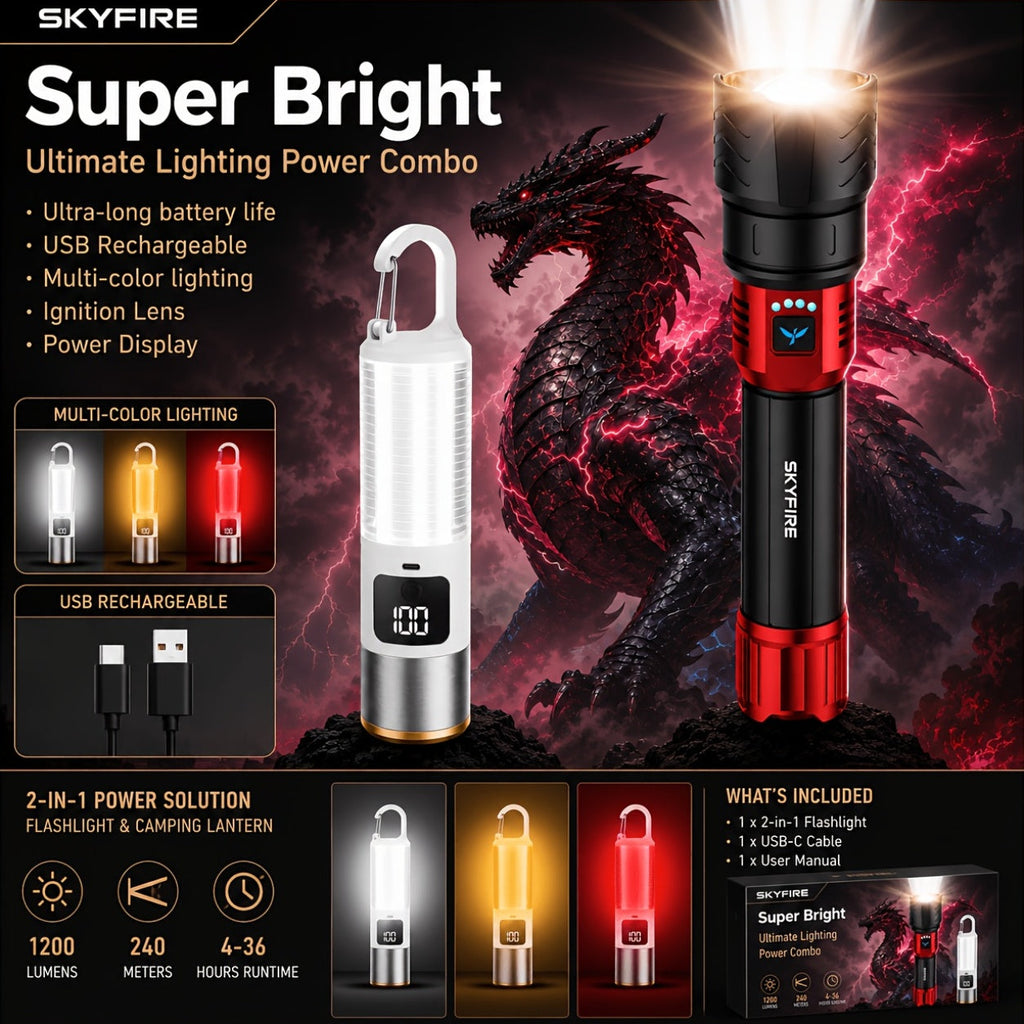 SKYFIRE 5000 Lumen LED Flashlight Rechargeable with Ignition Lens, Adjustable Focus & 4 Modes – Super Bright High Lumen Tactical Flashlight for Camping, Outdoor, Farm & Emergency Family Use