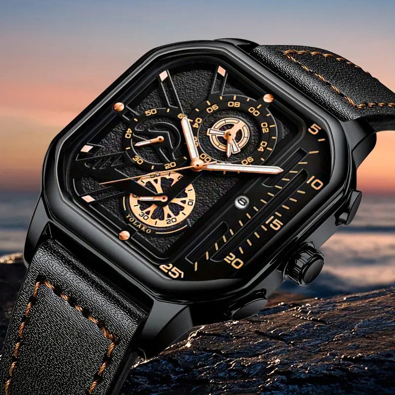 2pcs Men's Watch Set Sports Triangle Dial Silicone Strap and Retro Square Dial Quartz Watches with Date Display Dress Watch for Casual Valentine's Father's Day Gift