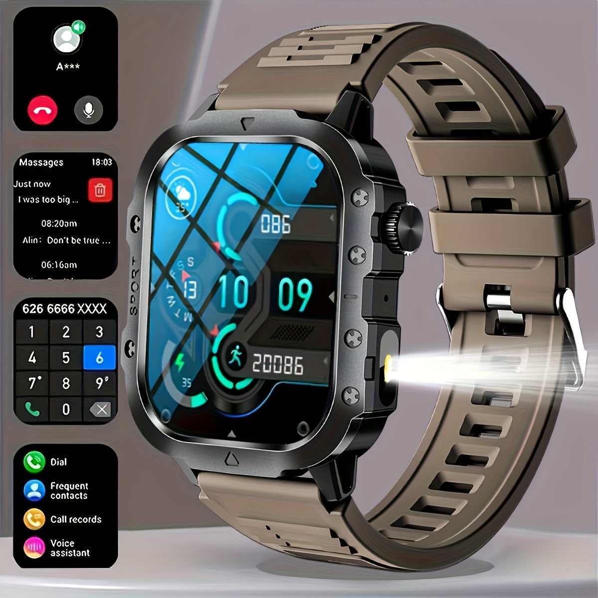 Outdoor Smart Watch with Built-In LED Flashlight, 2.01" Large HD Screen Rugged Fitness Tracker with Sports Modes & Message Reminders for Android & iPhone