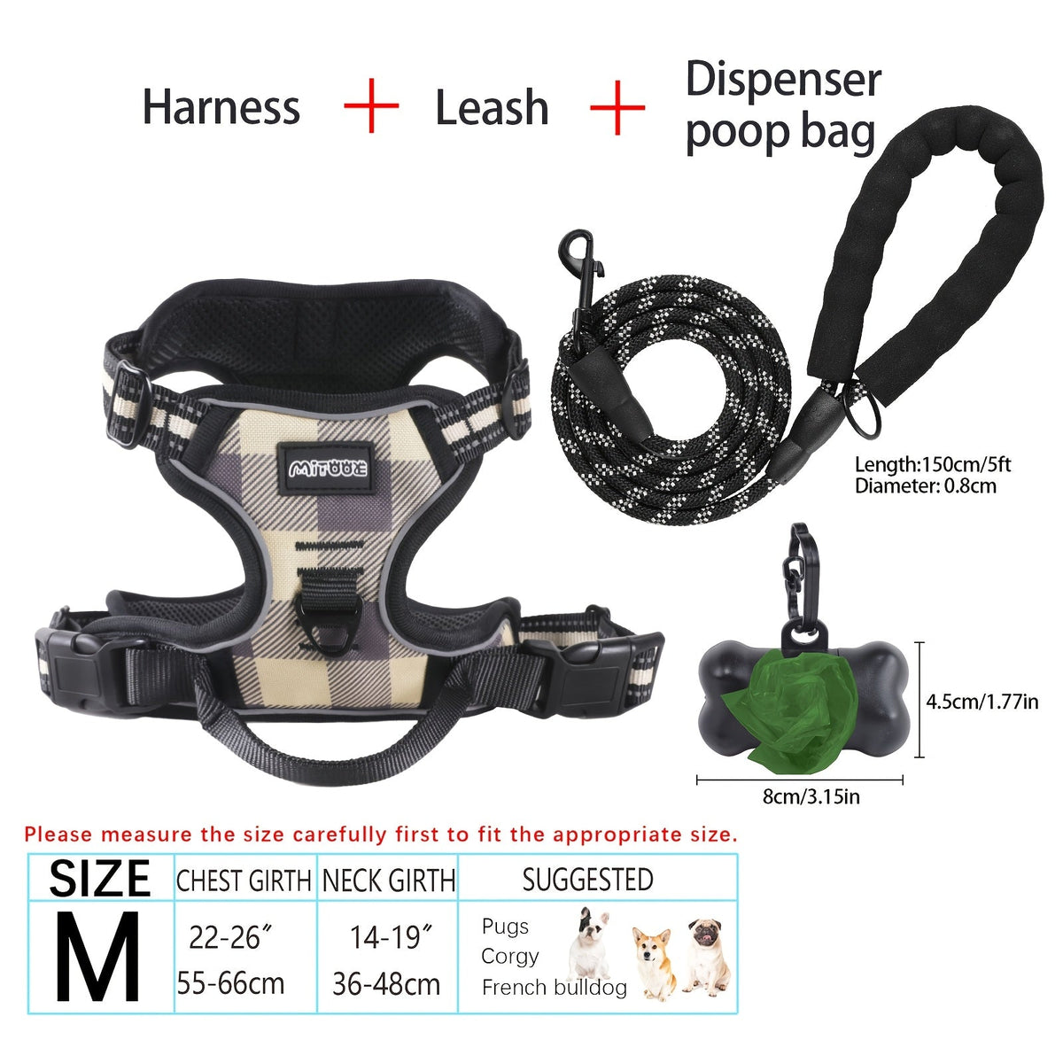 4-Piece Dog Harness and Leash Set No-Pull No-Choke Reflective Oxford Vest Harness with Leash Poop Bag Dispenser Easy Control Handle for Medium Large Dogs Outdoor Training Walking