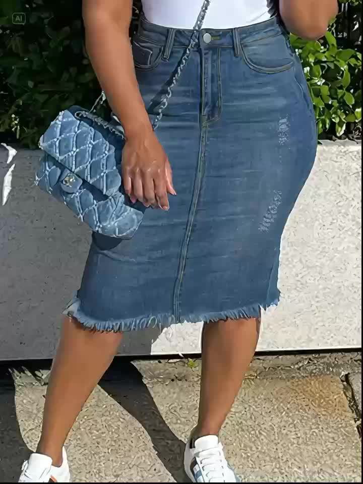 Women's Vintage High-Waisted Denim Midi Skirt – Stretch Raw Hem Distressed Look, Machine Washable, Non-Transparent, Sea Blue, Sizes XS-XXL, Casual Spring Summer Fall Skirt