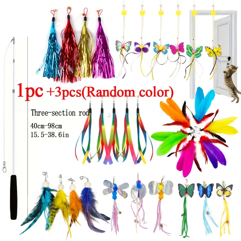 Telescopic Feather Cat Wand Toy with Interchangeable Heads - Artificial Feather Interactive Cat Toy, 3 or 4 Section Extendable Pole with 3/6/9 Random Replacement Heads, No Battery Required