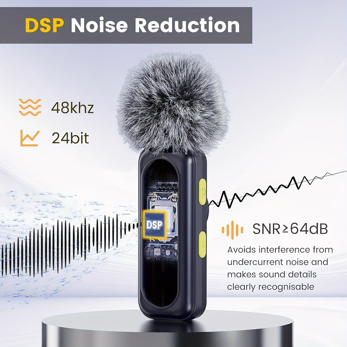 Wireless Lavalier Microphone USB-C 2.4G with DSP Noise Reduction, Digital Battery Display, 360° Omnidirectional Clip-On Lapel Mic, 100ft Range, Feather Windshield, Rotatable Magnetic Clip for iPhone, Android, Camera & Content Creators