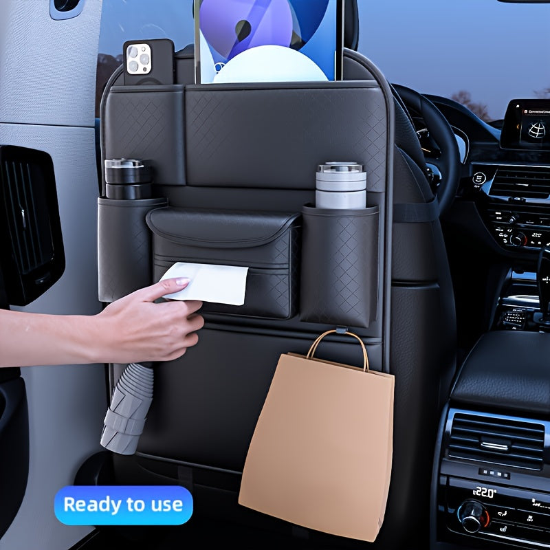 Car Seat Back Organizer PU Leather Large Capacity Multi-Pocket Backseat Storage Bag for Water Bottles Tablets Laptops – Classic Black Stylish Auto Interior Organizer for Cars SUVs Trucks