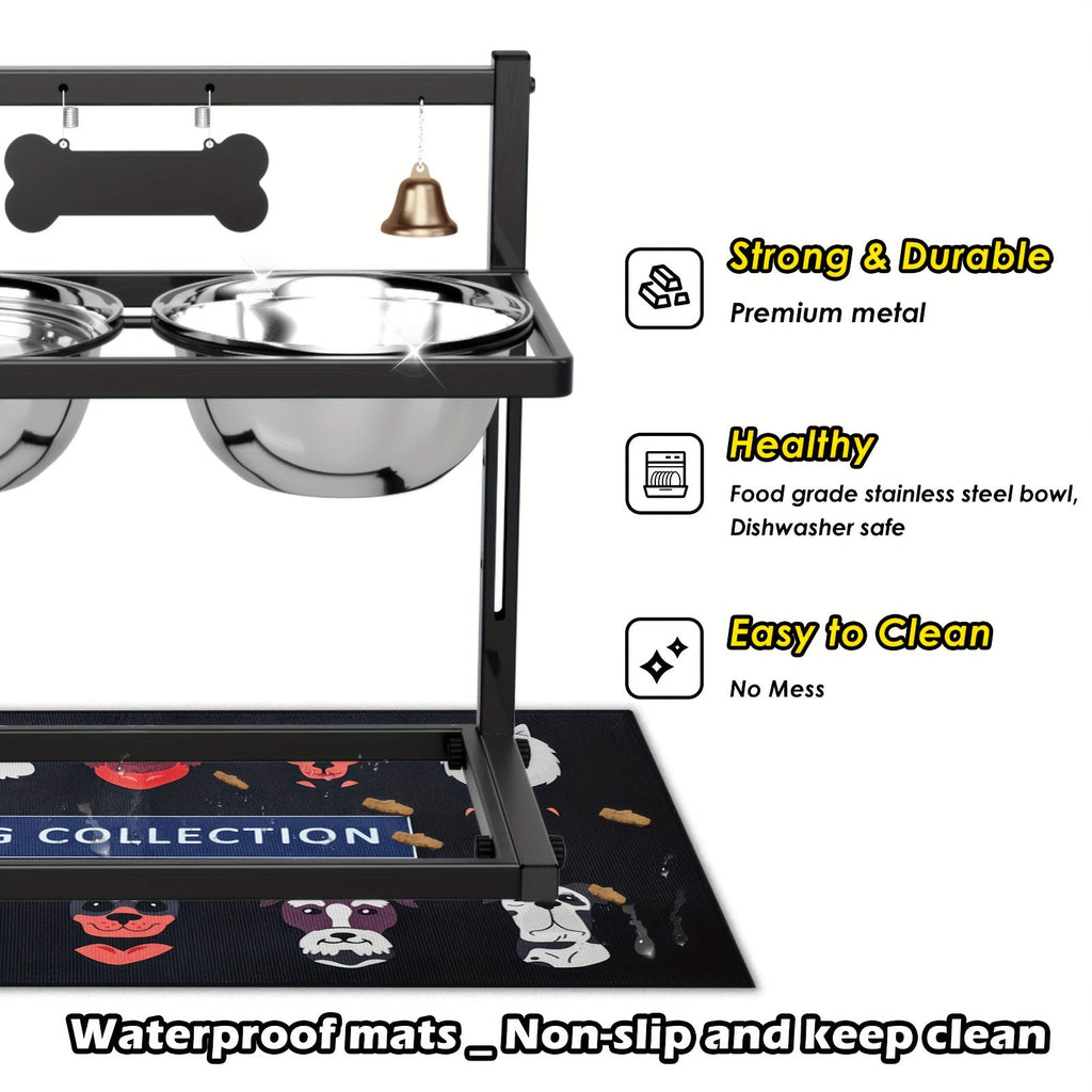 Elevated Dog Bowl Stand with Slow Feeder & Spillproof Mat - Height Adjustable 4.5"-12" Raised Dog Feeder with 2 Stainless Steel Bowls - Iron Frame Dog Bowl Stand for Large Medium Dogs Joint Health