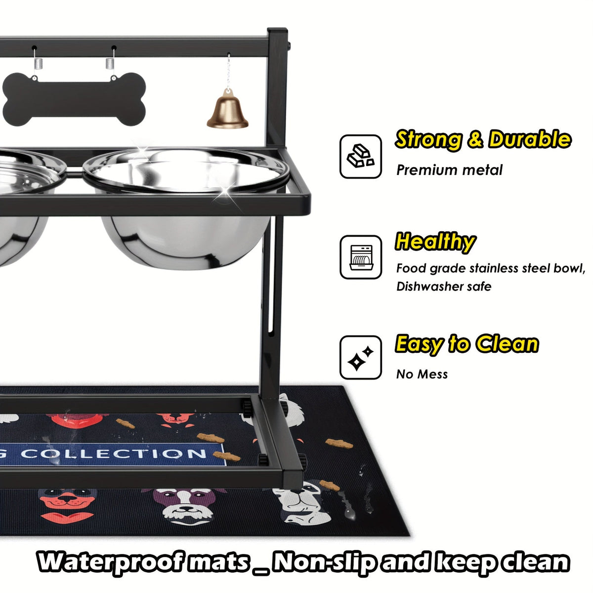Elevated Dog Bowl Stand with Slow Feeder & Spillproof Mat - Height Adjustable 4.5"-12" Raised Dog Feeder with 2 Stainless Steel Bowls - Iron Frame Dog Bowl Stand for Large Medium Dogs Joint Health