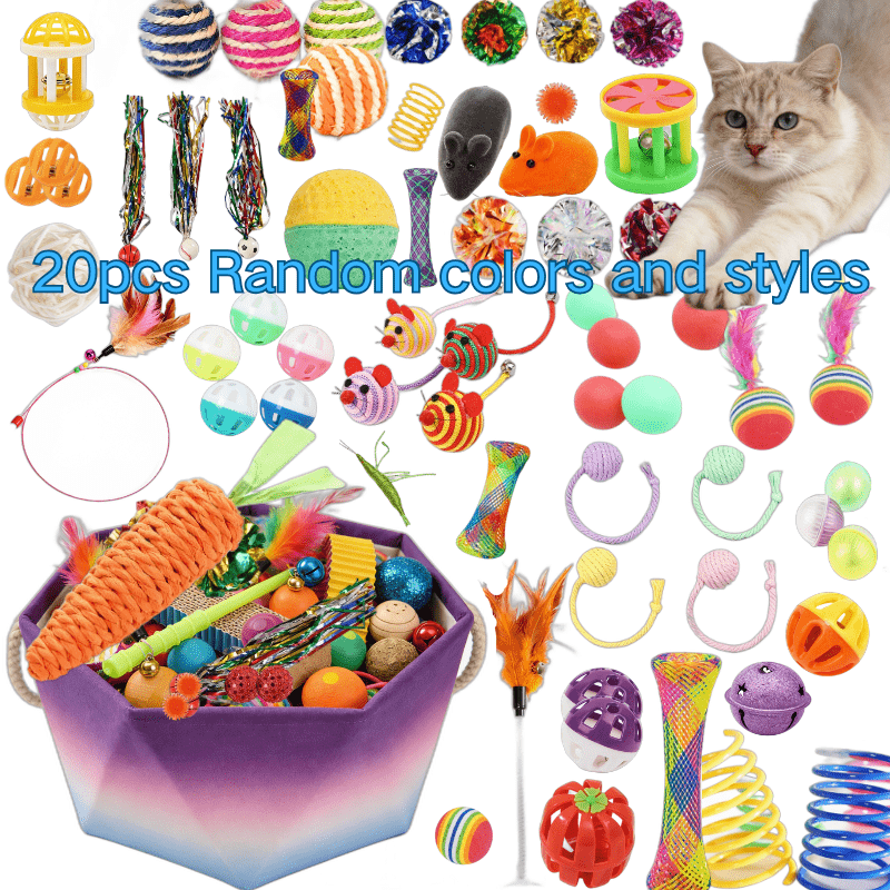 Interactive Cat Toys Set 12 or 20 Pieces – Random Style Soft Fabric & Plastic Kitten Activity Bundle, Hand-Play Motion Teaser Toys for Indoor Cats, Fun Variety Pack Perfect as a Cat Lover Gift