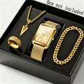 4pcs Men's Fashion Quartz Watch & Jewelry Set – Stainless Steel Strap Date Display Watch with Necklace Bracelet Ring, Business Casual Elegant Gift Set for Men in Gold Silver Black