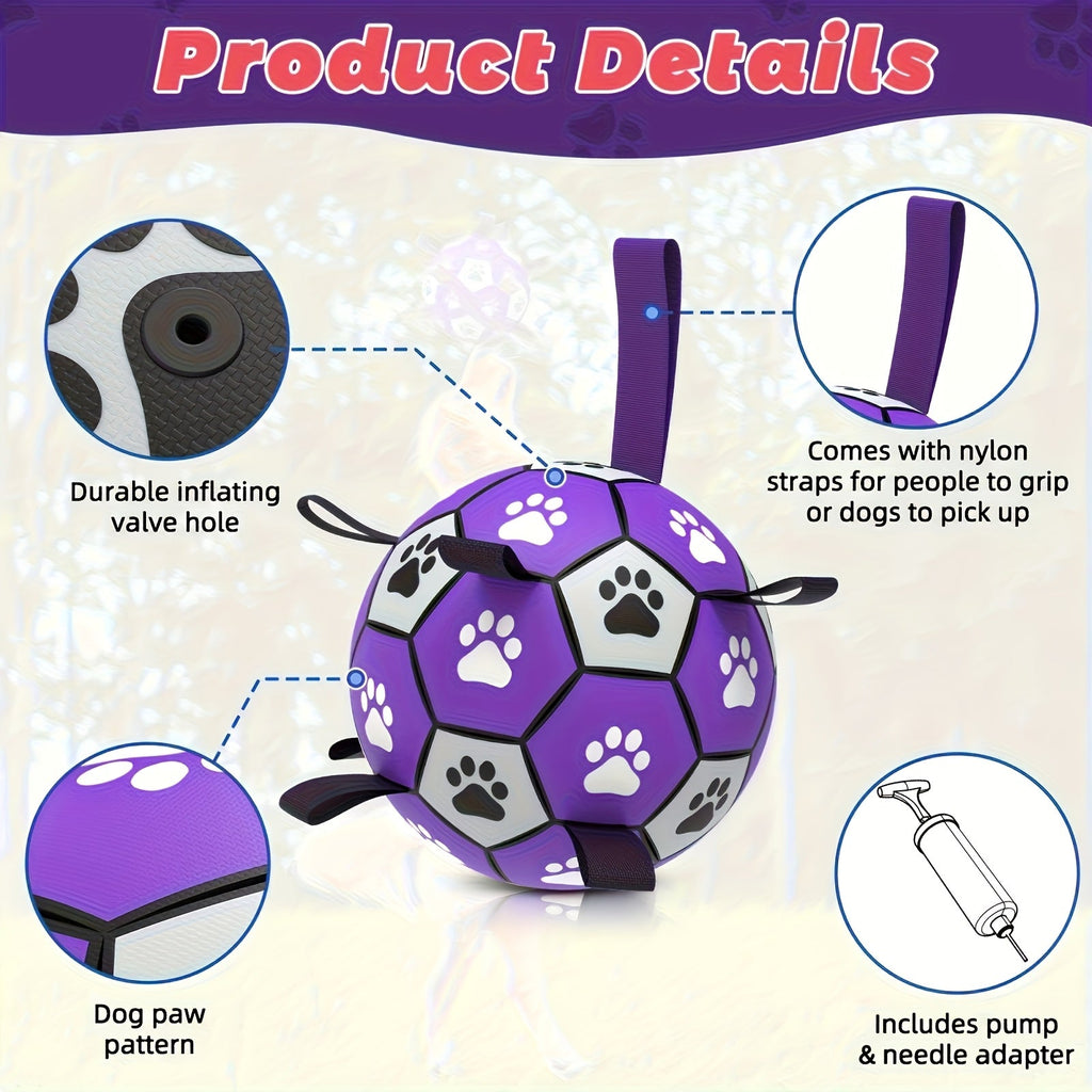 Dog Soccer Ball with Straps Interactive Training Toy - Durable Bouncy Fetch Ball Floats on Water, Indoor Outdoor Play for Small Medium Large Dogs, High-Energy Exercise Ball for All Breeds