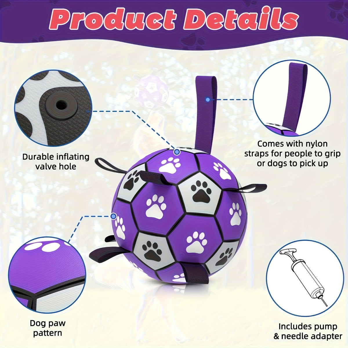 Dog Soccer Ball with Straps Interactive Training Toy - Durable Bouncy Fetch Ball Floats on Water, Indoor Outdoor Play for Small Medium Large Dogs, High-Energy Exercise Ball for All Breeds