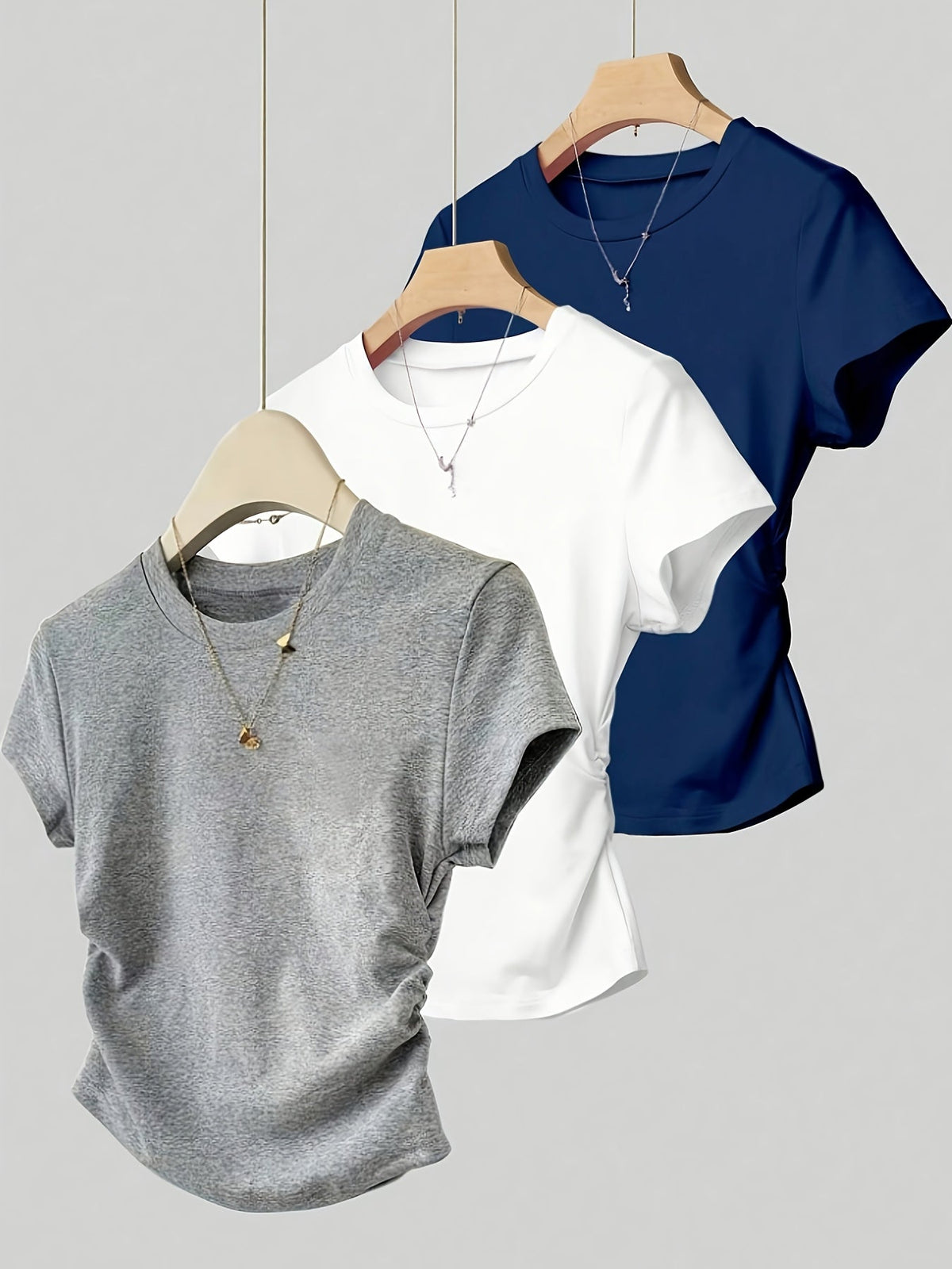 Women's 3-Piece Round Neck Side Ruched Waist Short Sleeve T-Shirt Set – Soft Polyester Spandex Stretch Knit Casual Top Set