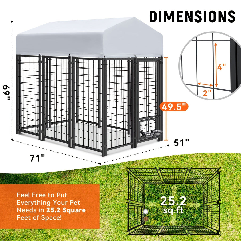 Large Dog Enclosure Outdoor Heavy Duty Welded Wire Steel Dog Playpen with UV-Resistant Roof Cover, Secure Lock Pet Pen Fence for Big Dogs Outside Exercise Play Area