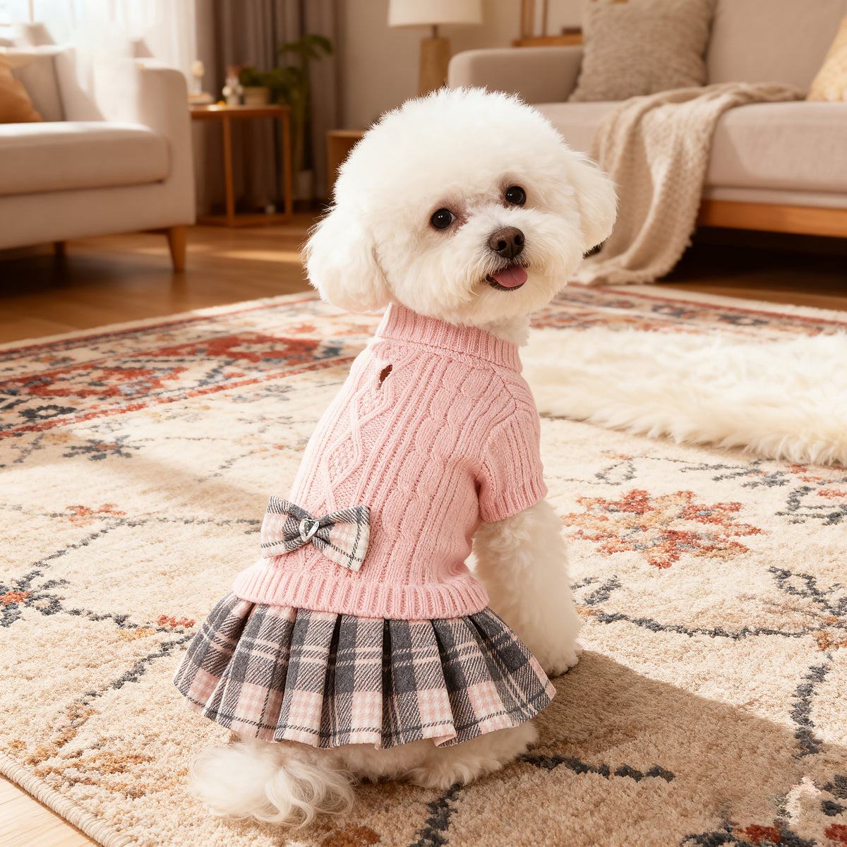 Dog Christmas Sweater Dress for Small Dogs with Bowtie Turtleneck Warm Knitted Puppy Sweater Dress with Leash Hole for Chihuahua Yorkie Havanese Bichon – Holiday Winter Dog Clothes Xmas Pet Outfit
