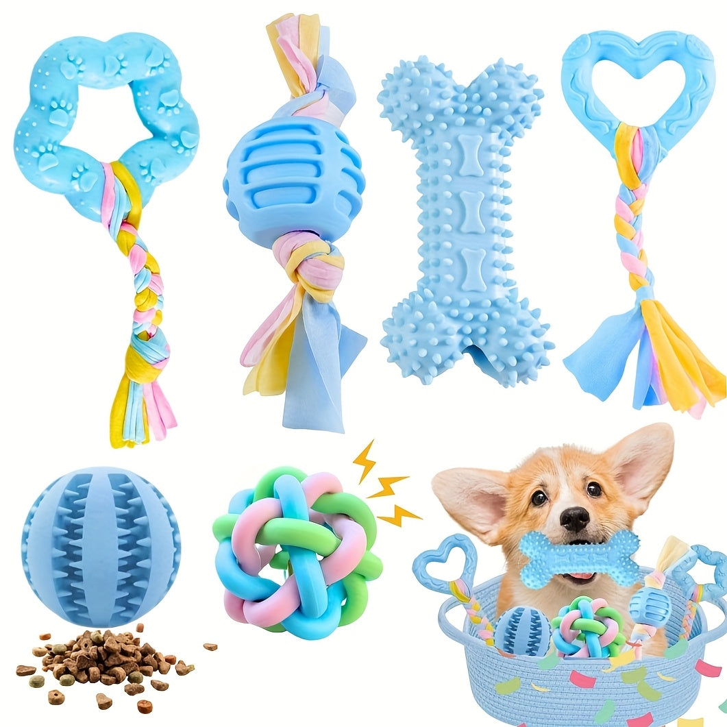 Soft Rubber Dog Chew Toys 6pcs – Teething Toys for Small Dogs, Interactive Teeth Cleaning Chew Set, 4 Colors: Purple, Green, Blue, Pink