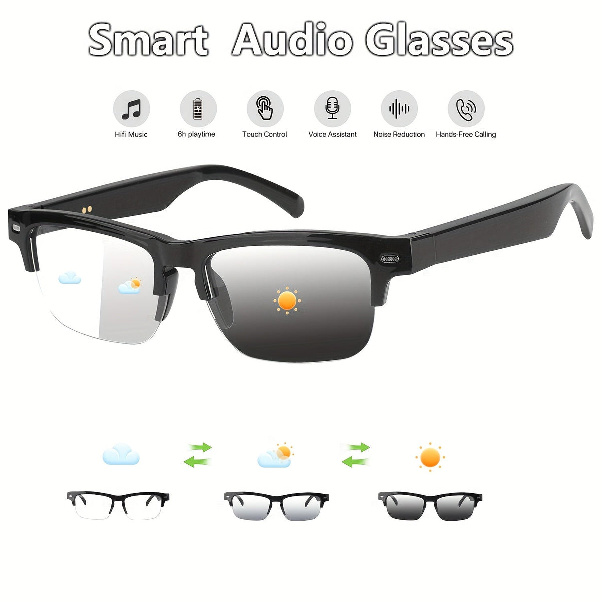 Smart Audio Glasses Photochromic Auto-Tinting Lenses Bluetooth Speaker Microphone – HD Voice Calls HiFi Music UV Protection Wireless Smart Sunglasses Sports Driving Fishing Daily Wear