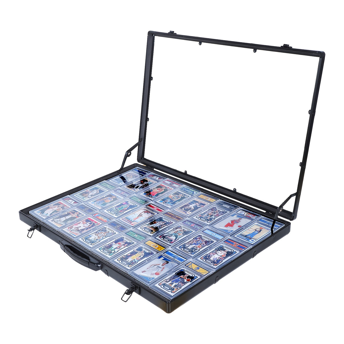 Aluminum Trading Card Display Case, Lockable Portable Collector Showcase Box with Carry Handle for Pokemon MTG Sports Cards Pins Jewelry Photos Collectibles, Silver Black