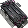 7 Inch Professional Dog Grooming Scissors Set 4-Piece Straight Thinning Curved Chunkers with Comb & Case 6CR Stainless Steel Sharp Durable Pet Grooming Shears Black