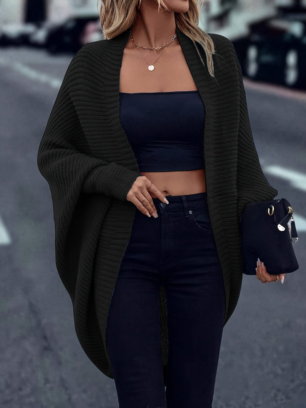 Women's Oversized Open Front Knit Cardigan Coat Long Sleeve Batwing Solid Color Sweater Jacket Fall Winter Casual Elegant Outerwear S-XXL