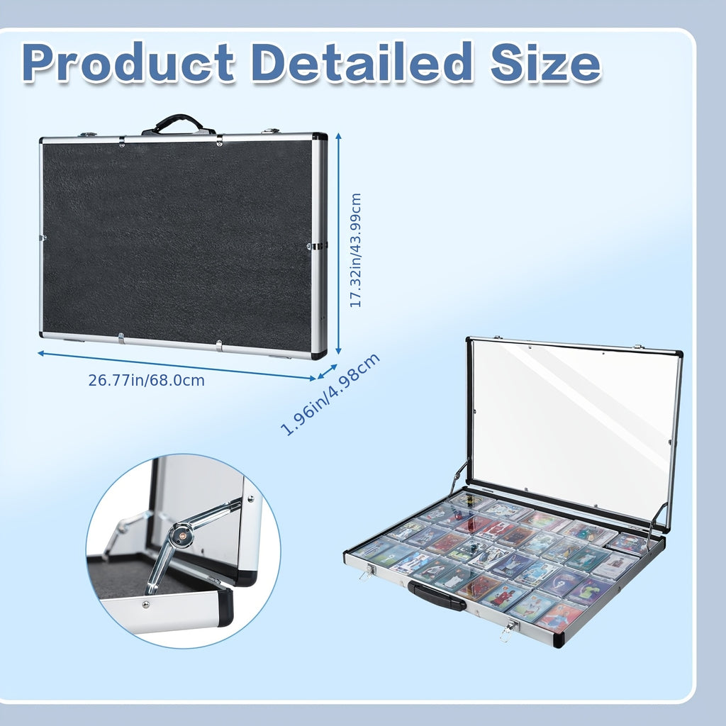 Aluminum Trading Card Display Case Lockable Portable Collector Showcase Box with Carry Handle for Pokemon MTG Sports Cards Pins Jewelry Photos Collectibles Silver Black